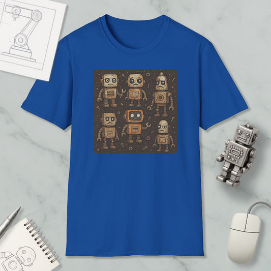 a blue t-shirt with a square design of six robot characters, along with a computer mouse and a notebook on a marble surface.