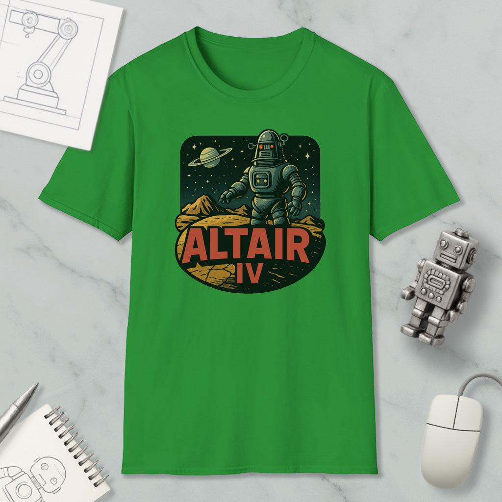 a green t-shirt with a graphic design depicting a robot standing on a rocky surface with a planet in the background, along with the text "ALT AIR IV".