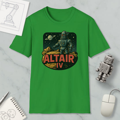 a green t-shirt with a graphic design depicting a robot standing on a rocky surface with a planet in the background, along with the text "ALT AIR IV".