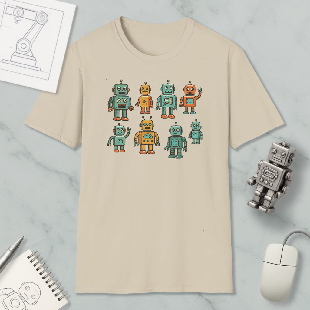 a beige t-shirt with a graphic design of nine colorful robots, including one robot with a yellow body and green arms. The t-shirt is placed on a marble surface, surrounded by various objects such as a computer mouse, a notebook, and a pen.