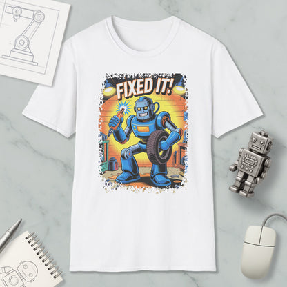 a white t-shirt with a graphic design depicting a robot holding a wrench and the text "FIXED IT!"