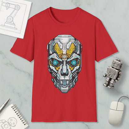 a red t-shirt with a graphic design of a robot or cyborg face, along with various objects such as a computer mouse, a notebook, and a pen.