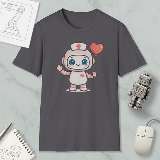 a gray t-shirt with a cartoon robot wearing a nurse's hat and holding a heart-shaped balloon. The t-shirt is displayed on a marble surface, along with a computer mouse, a notebook, and a small robot figurine.