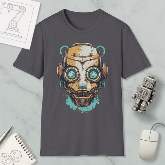 a gray t-shirt with a graphic design of a robot or cyborg head, along with various objects such as a computer mouse, a notebook, and a pen.