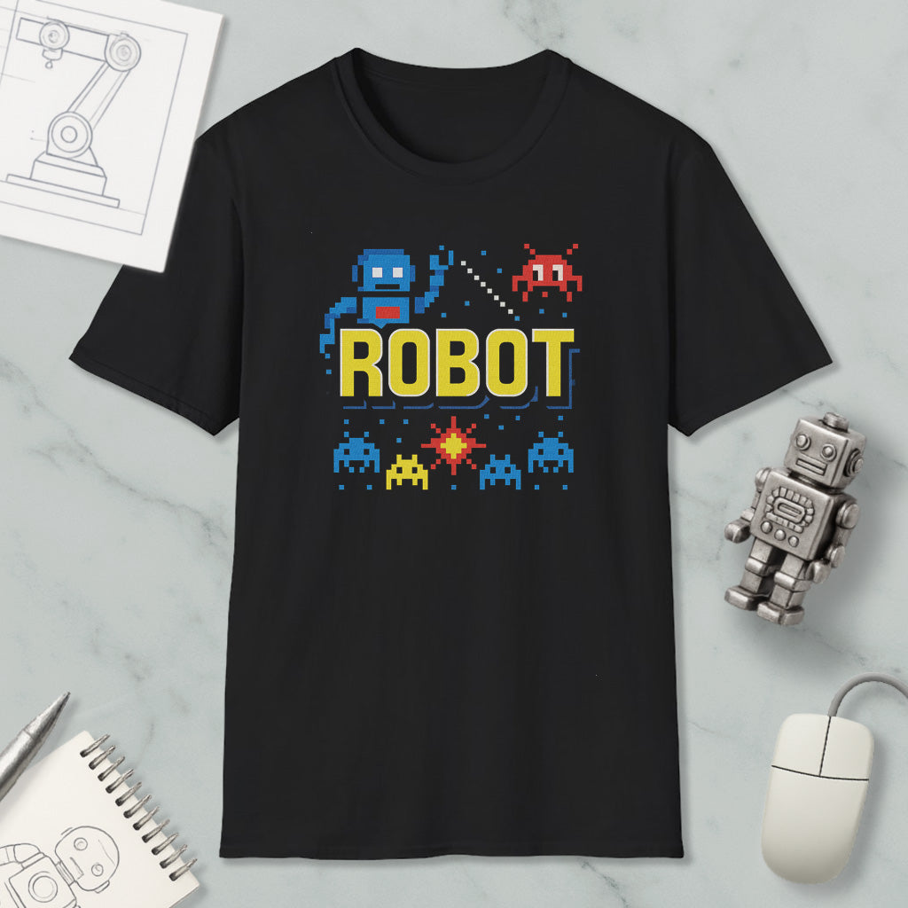 a black t-shirt with a pixel art design of a robot and various space-themed elements, such as a robot and pixel art characters. The t-shirt is displayed on a marble surface, along with a computer mouse, a notepad, and a small robot figurine.