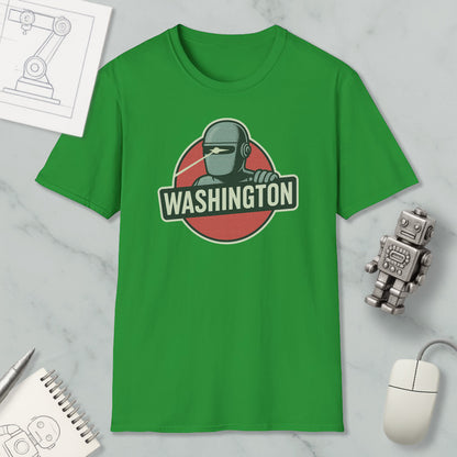 a green t-shirt with a graphic design of a robot and the word "WASHINGTON" printed on it, along with a computer mouse and a notebook.