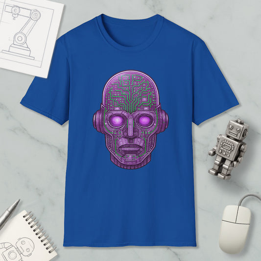 a blue t-shirt with a purple robot or cyborg-like face design on it, along with various objects such as a computer mouse, a notebook, and a pen.