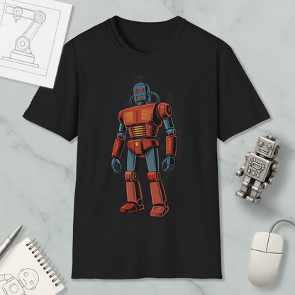 a black t-shirt with a colorful illustration of a robot, along with various objects such as a mouse, a notebook, and a pen.