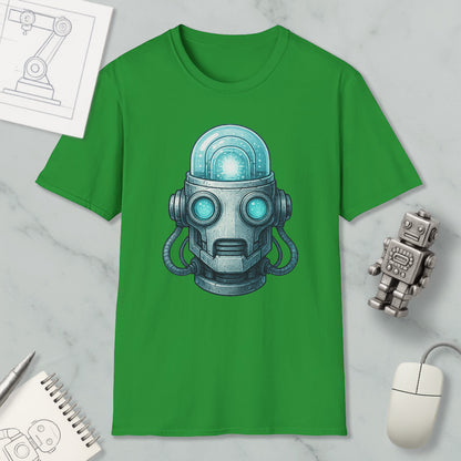 a green t-shirt with a graphic of a robot head, along with a computer mouse, a notebook, and a pen on a marble surface.