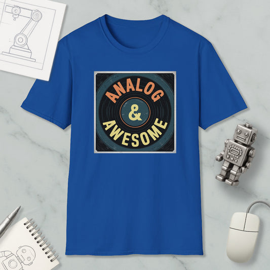 a blue t-shirt with a graphic design that says "ANALOG & AWESOME" on it, along with a robot and a computer mouse.