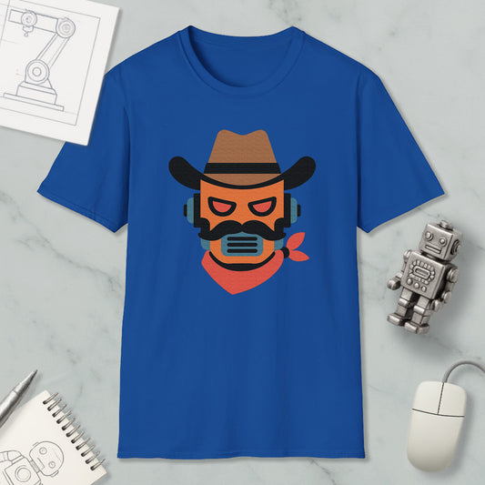 a blue t-shirt with a graphic design of a cowboy hat and a robot-like figure, along with some other items such as a mouse and a notebook.
