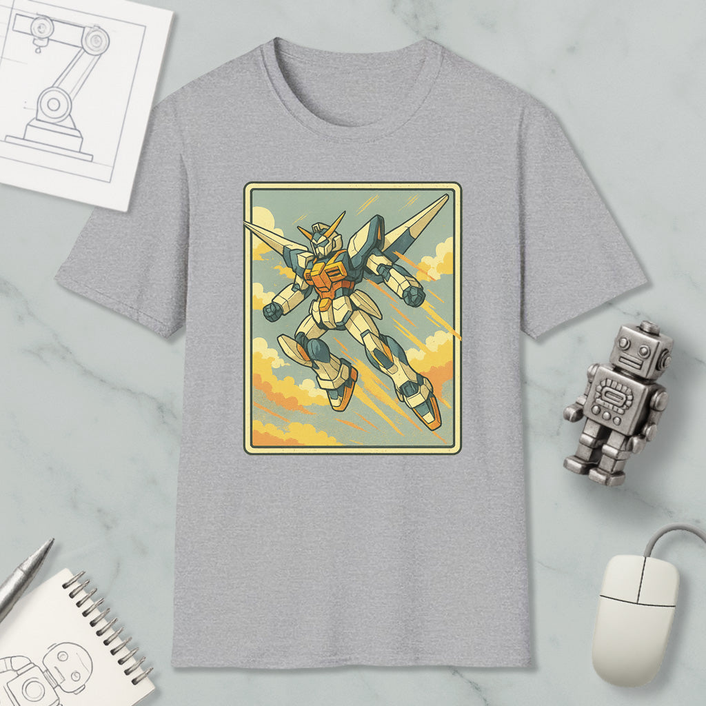 a gray t-shirt with a graphic of a robot or character, along with various objects such as a computer mouse, a notebook, and a pen.