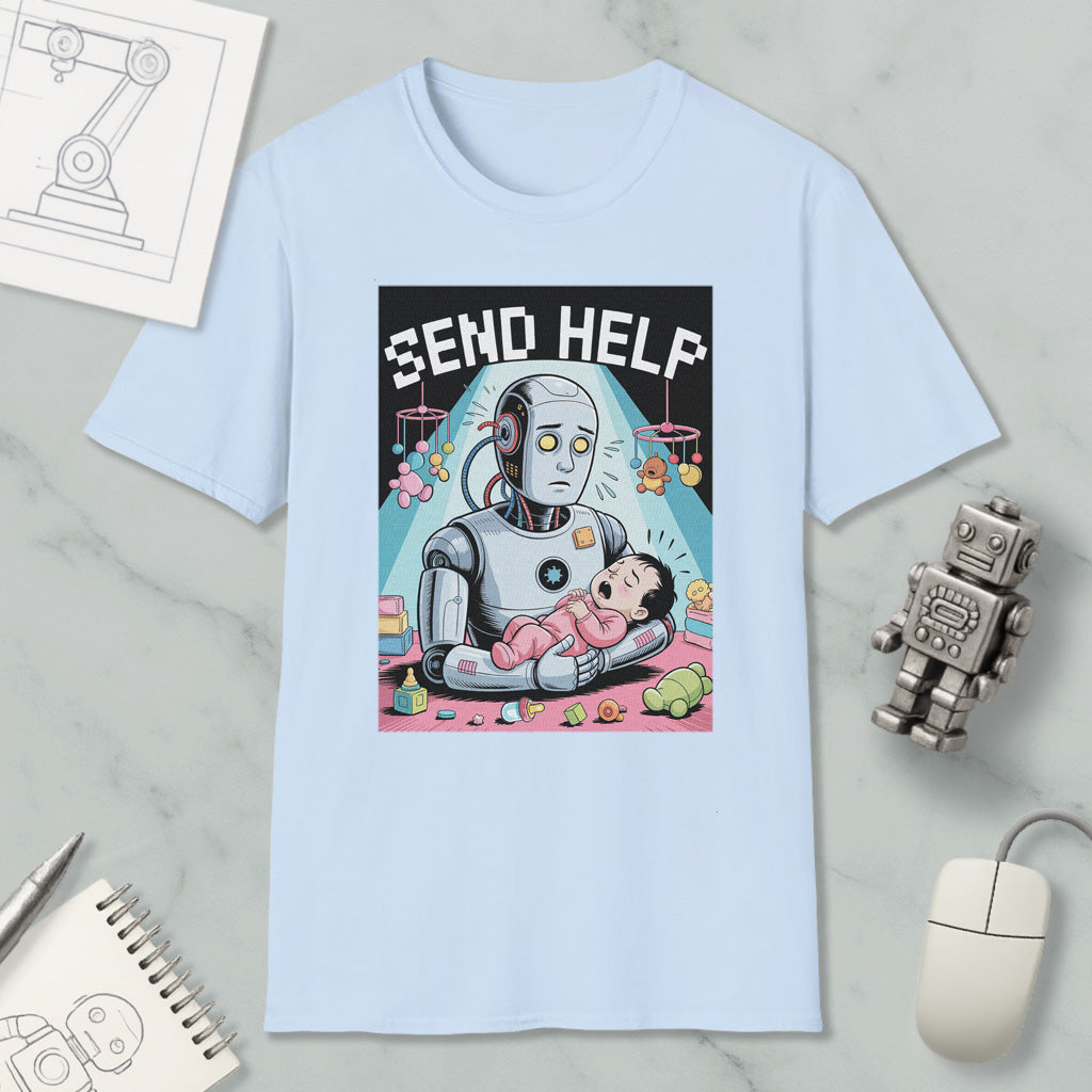 a light blue t-shirt with a graphic design depicting a robot figure holding a baby, surrounded by various objects such as a computer mouse, a robot toy, and a notebook.
