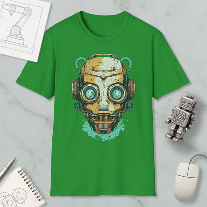 a green t-shirt with a graphic design of a robot or cyborg head, along with various objects such as a computer mouse, a notebook, and a pen.