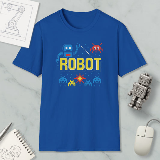 a blue t-shirt with a pixel art design of a robot and various space-themed icons, along with a computer mouse and a notebook.