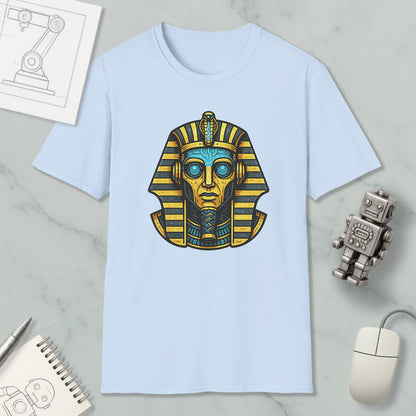 a light blue t-shirt with an illustration of an Egyptian pharaoh's head, along with various objects such as a computer mouse, a notebook, and a robot.