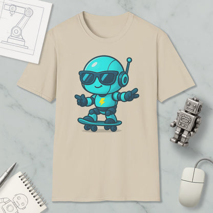 a t-shirt with a cartoon robot riding a skateboard, accompanied by a computer mouse, a notebook, and a drawing of a robot.