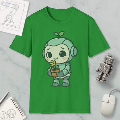 a green t-shirt with a cartoon robot holding a flower, surrounded by various objects such as a computer mouse, a notebook, and a robot figurine.