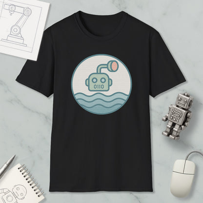 a black t-shirt with a graphic design of a robot or submarine in the water, along with a computer mouse, a notebook, and a pen on a marble surface.
