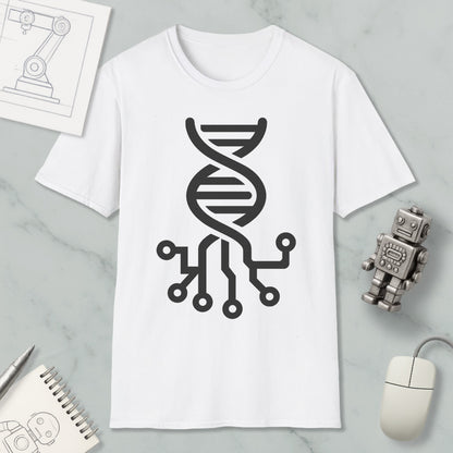 a white t-shirt with a black graphic design depicting a DNA double helix, surrounded by various technological elements such as a computer mouse, a robot, and a notebook.
