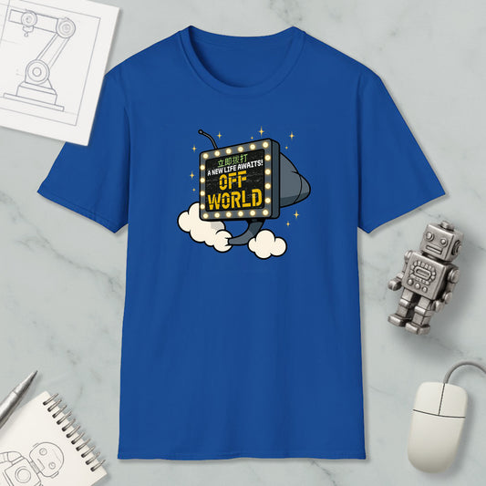a blue t-shirt with a graphic design, a computer mouse, a notebook, and a robot figurine on a marble surface.