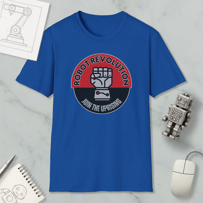 a blue t-shirt with a graphic design, a computer mouse, a pen, a notebook, and a small robot figurine.