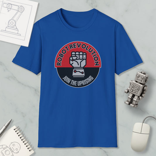 a blue t-shirt with a graphic design, a computer mouse, a pen, a notebook, and a small robot figurine.