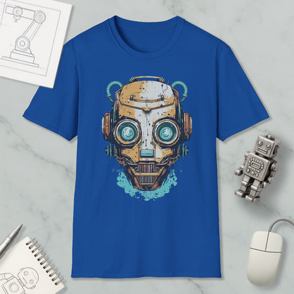 a blue t-shirt with a graphic design of a robot or cyborg head, along with various objects such as a computer mouse, a notebook, and a pen.