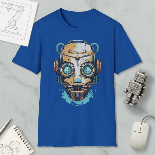 a blue t-shirt with a graphic design of a robot or cyborg head, along with various objects such as a computer mouse, a notebook, and a pen.