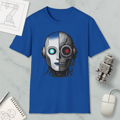 a blue t-shirt with a graphic design depicting a robot or cyborg head with a skull-like face, surrounded by various objects such as a computer mouse, a notebook, and a robot figurine.