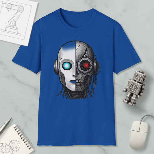 a blue t-shirt with a graphic design depicting a robot or cyborg head with a skull-like face, surrounded by various objects such as a computer mouse, a notebook, and a robot figurine.