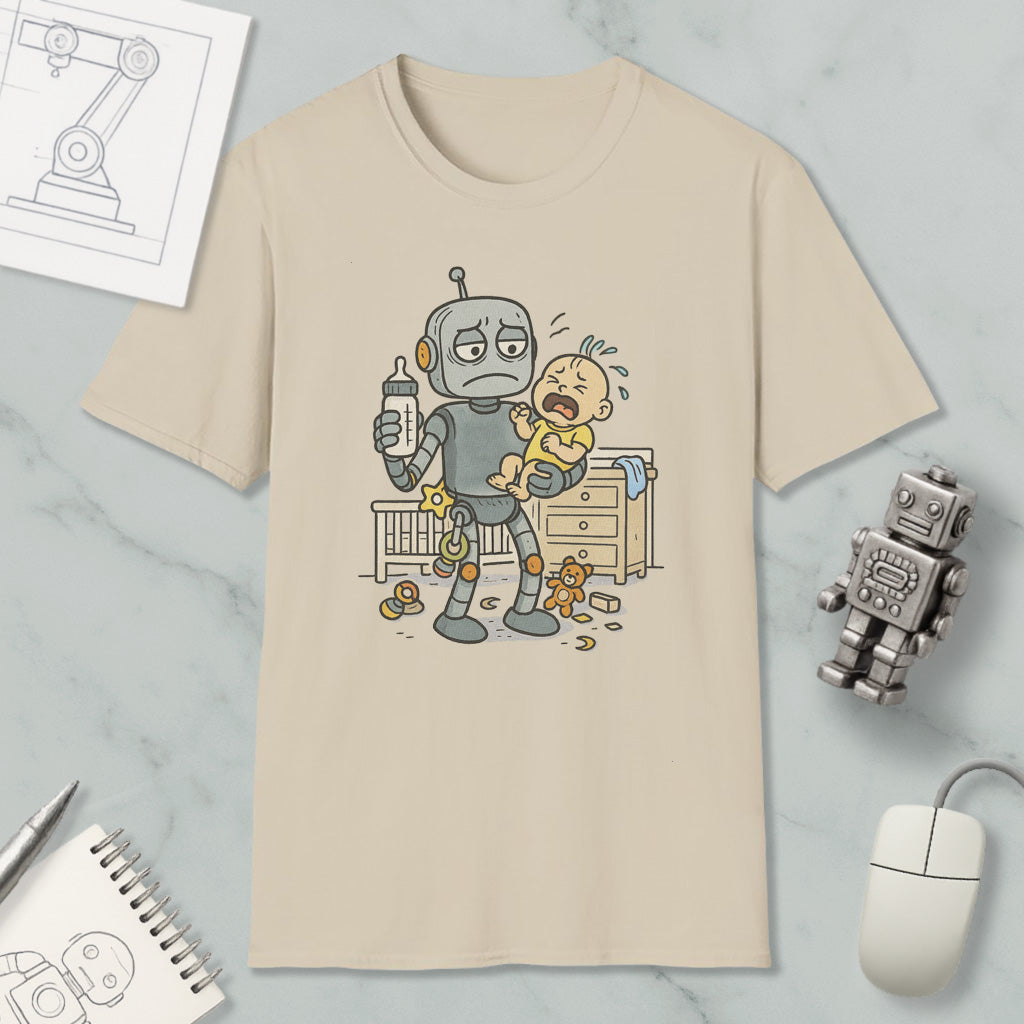 a t-shirt with a cartoon illustration of a robot holding a baby, surrounded by various objects such as a toy robot, a computer mouse, and a notebook.