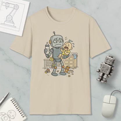 a t-shirt with a cartoon illustration of a robot holding a baby, surrounded by various objects such as a toy robot, a computer mouse, and a notebook.