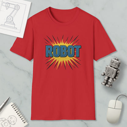 a red t-shirt with a graphic design of a robot, along with various objects such as a computer mouse, a notebook, and a sketch of a robot.