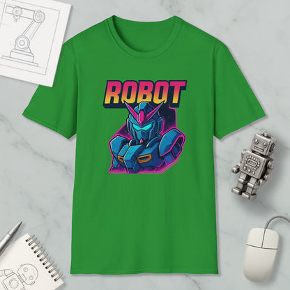 a green t-shirt with a graphic of a robot character, along with various objects such as a mouse, a notebook, and a pen.