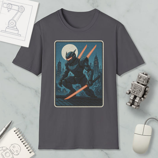 a gray t-shirt with a graphic design depicting a robot or character holding a sword and standing on a rooftop at night. The t-shirt is displayed on a marble surface, along with a computer mouse, a notebook, and a small robot figurine.