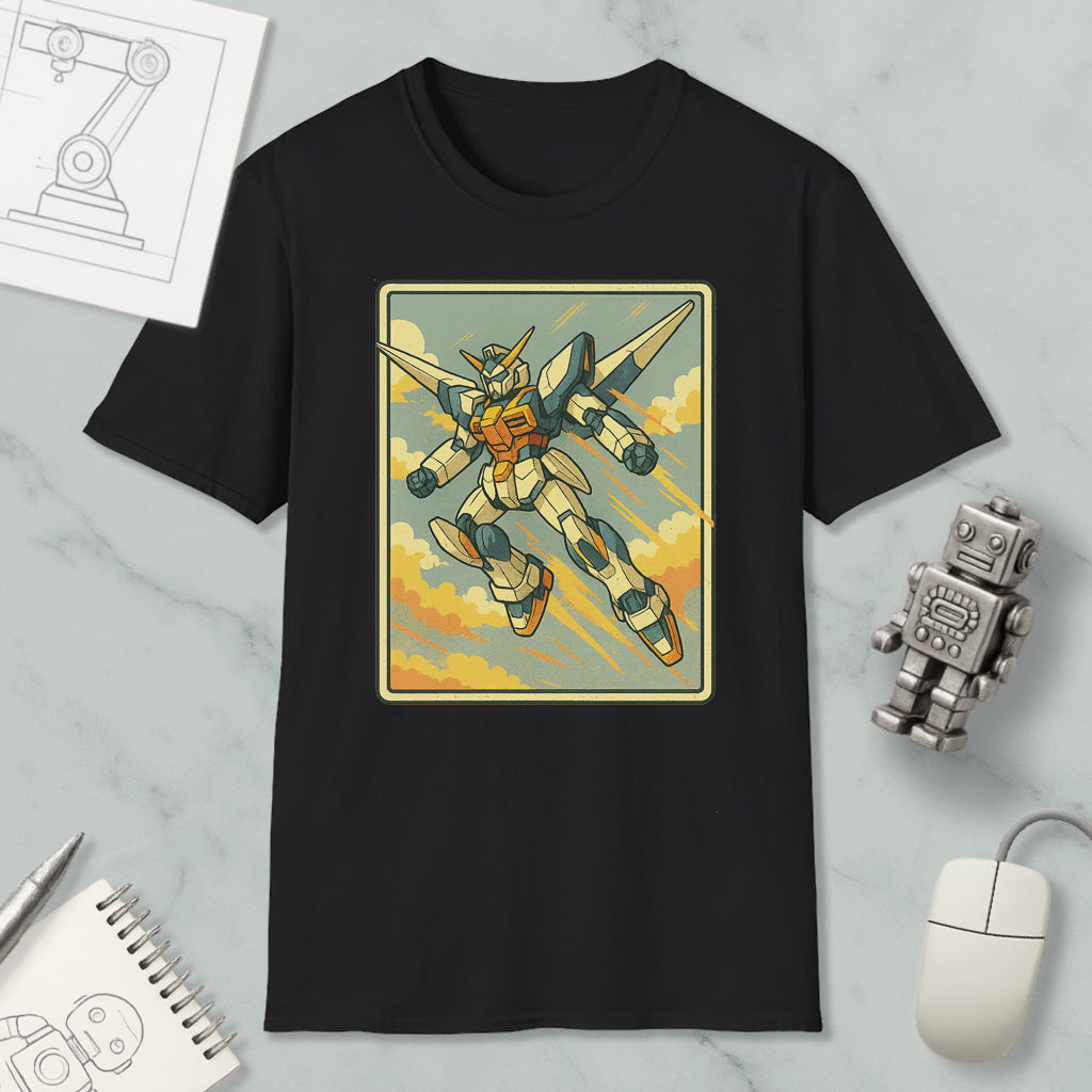 a black t-shirt with a graphic of a robot or character, along with various objects such as a mouse, a notebook, and a robot figurine.