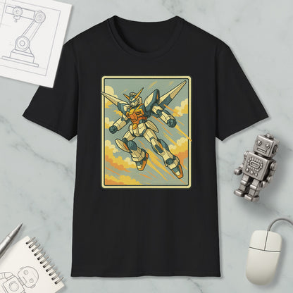 a black t-shirt with a graphic of a robot or character, along with various objects such as a mouse, a notebook, and a robot figurine.