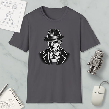 a gray t-shirt with a graphic design of a man wearing a fedora and suit, along with a computer mouse and other office supplies.