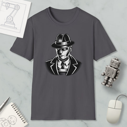 a gray t-shirt with a graphic design of a man wearing a fedora and suit, along with a computer mouse and other office supplies.