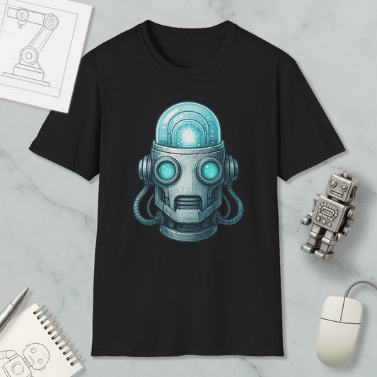a black t-shirt with a graphic design of a futuristic robot head, surrounded by various objects such as a computer mouse, a notebook, and a pen.