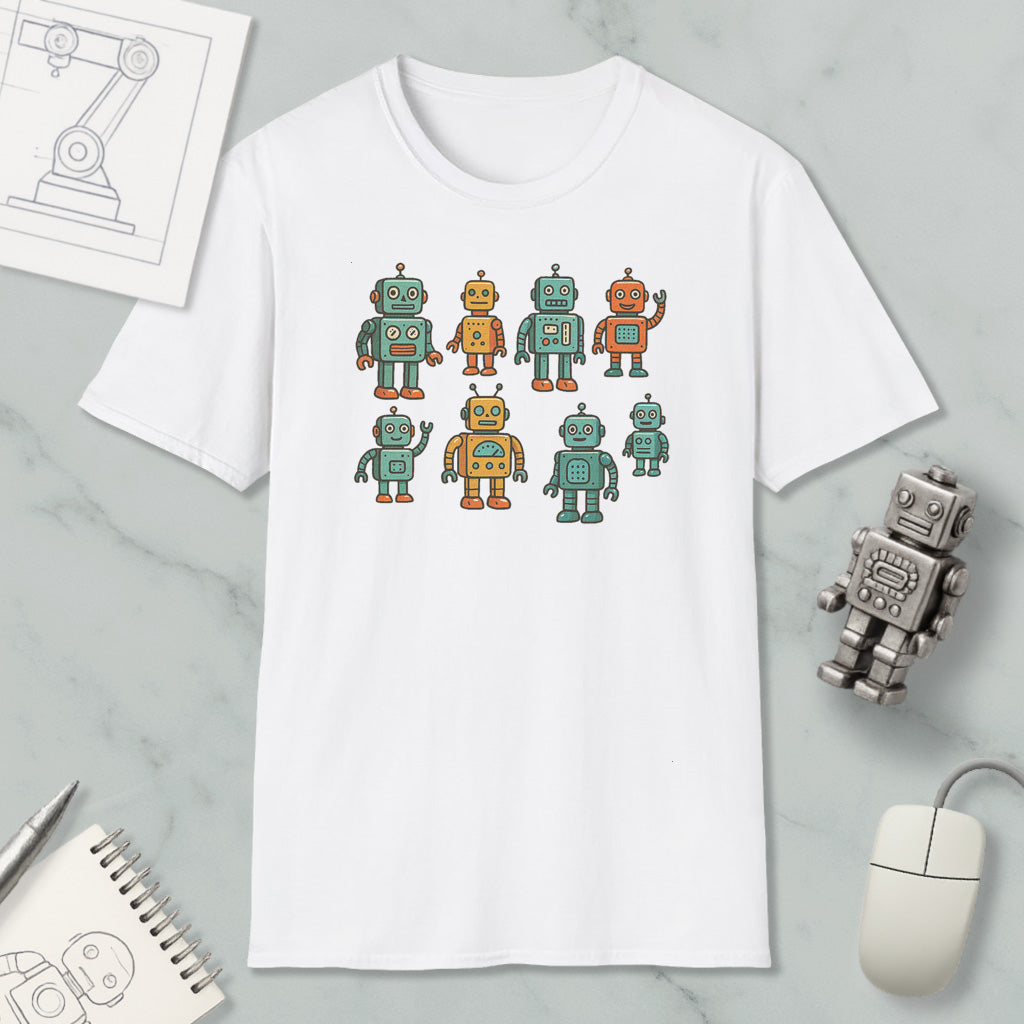 a white t-shirt with a graphic design of eight colorful robots, including a robot with a yellow body and green arms, and another robot with a blue body and orange arms. The t-shirt is placed on a marble surface, and there are various objects such as a computer mouse, a notebook, and a pen nearby.