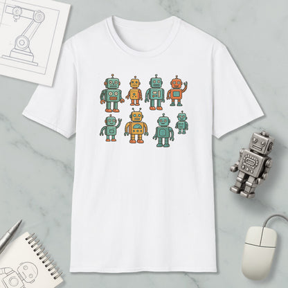 a white t-shirt with a graphic design of eight colorful robots, including a robot with a yellow body and green arms, and another robot with a blue body and orange arms. The t-shirt is placed on a marble surface, and there are various objects such as a computer mouse, a notebook, and a pen nearby.