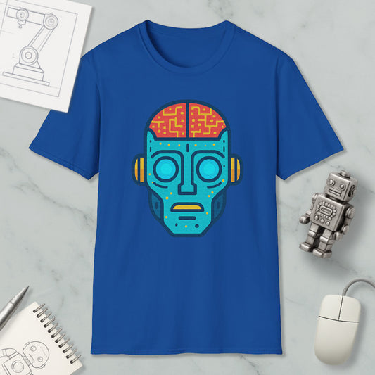 a blue t-shirt with a colorful robot or humanoid face design, along with various objects such as a computer mouse, a notebook, and a pen.