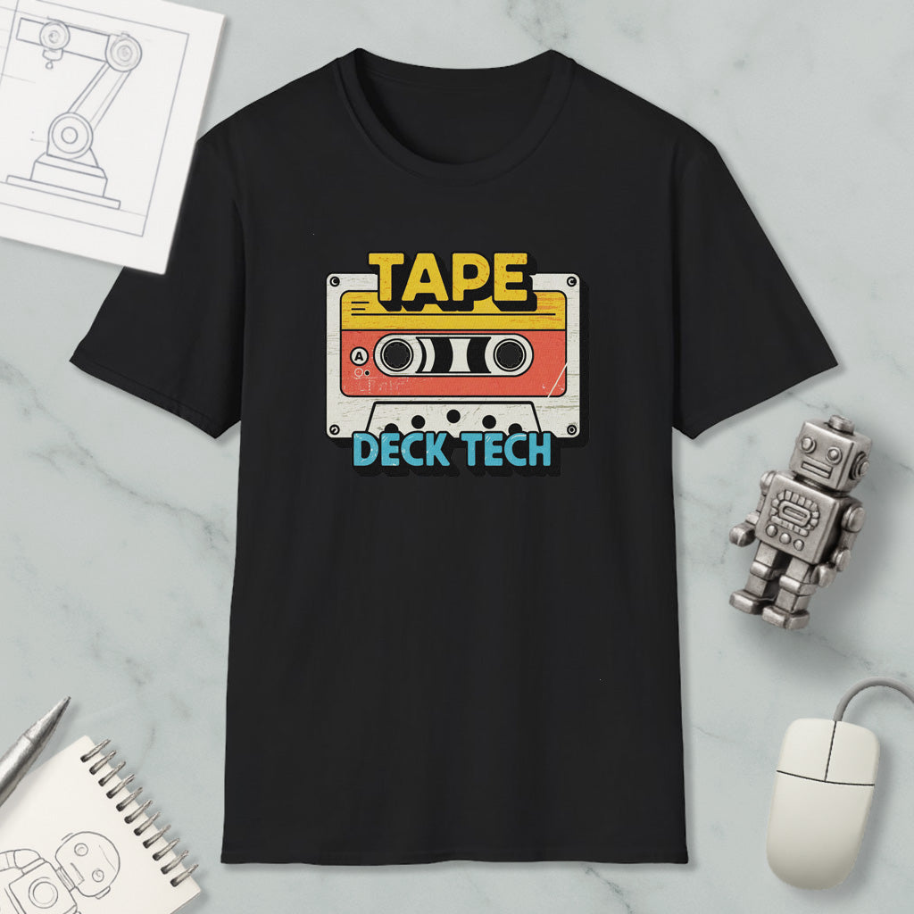 a black t-shirt with a graphic design of a cassette tape and the text "TAPE Deck Tech" printed on it. The t-shirt is displayed on a marble surface, along with a computer mouse, a notepad, and a small robot figurine.