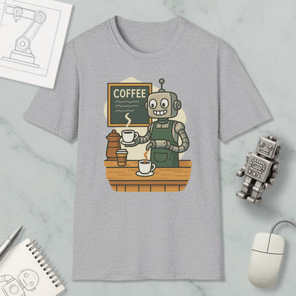 a gray t-shirt with a cartoon illustration of a robot barista serving coffee, along with various objects such as a coffee cup, a spoon, a keyboard, and a mouse.