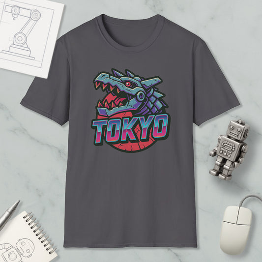 a gray t-shirt with a graphic design of a dragon head and the word "TOKYO" written on it, along with various objects such as a computer mouse, a notebook, and a robot.