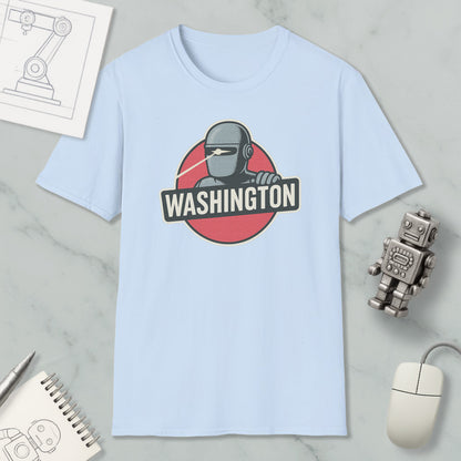 a light blue t-shirt with a graphic design of a robot and the word "WASHINGTON" printed on it, along with a computer mouse and a notebook.