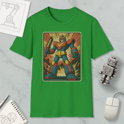 a green t-shirt with a colorful graphic of a robot or character, along with various objects such as a computer mouse, a notebook, and a pen.