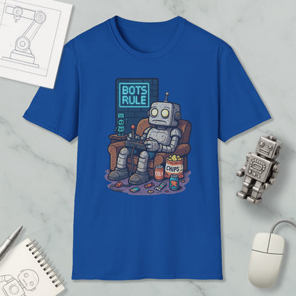A blue t-shirt with a cartoon robot sitting in a chair and holding a remote control, with the text "BOTS RULE" displayed on the shirt.